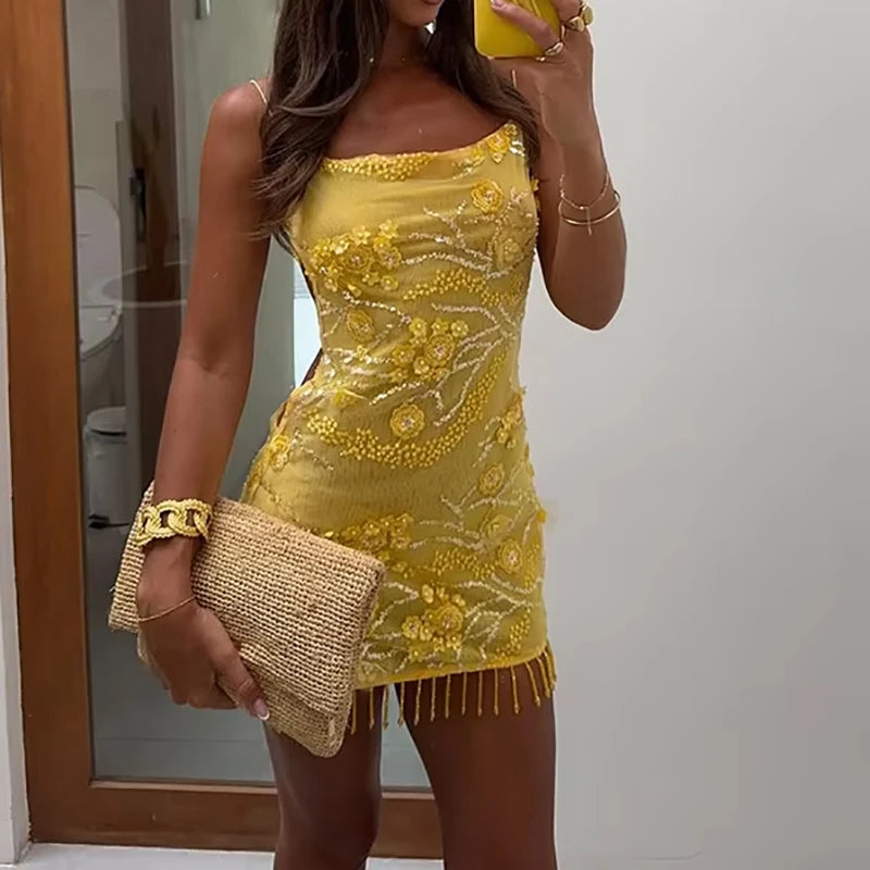 Floral Embroidery Off Shoulder Backless Mini Dress for Women