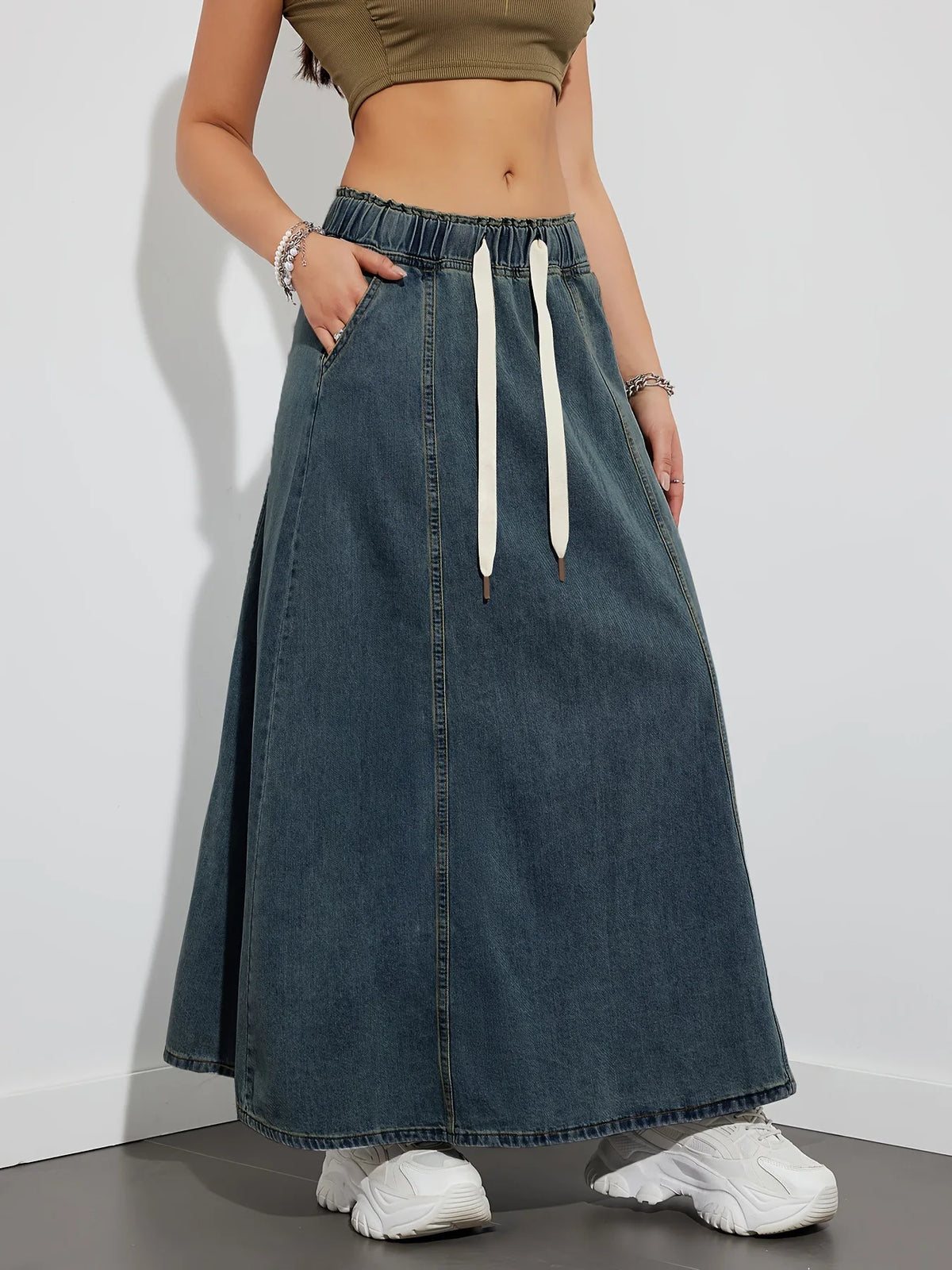 Elastic Waist Lace Up Loose Casual Denim Maxi Skirt for Women