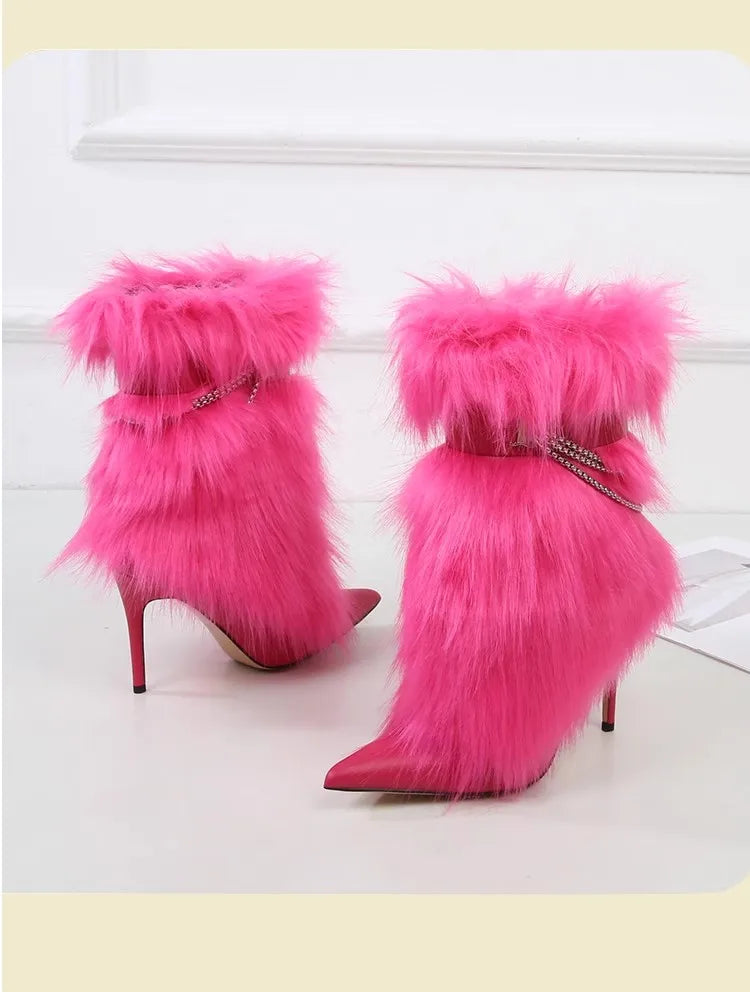 Fuchsia Faux Fur Buckle Ankle Boots