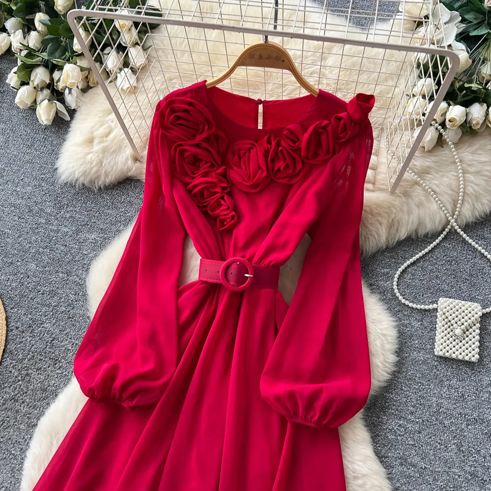 Floral Lace V Neck Long Sleeve A Line Midi Dress for Women