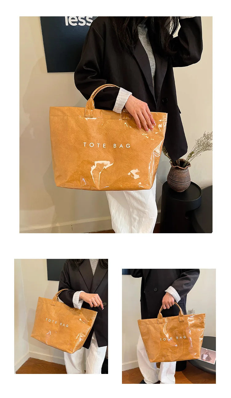 Kraft paper jelly waterproof bag, women's new retro commuting large capacity DuPont paper tote bag