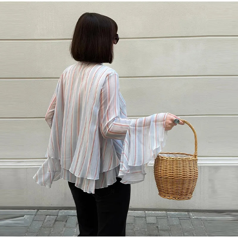 Casual Striped Long Flare Collar Cascading Ruffle Shirt for Women