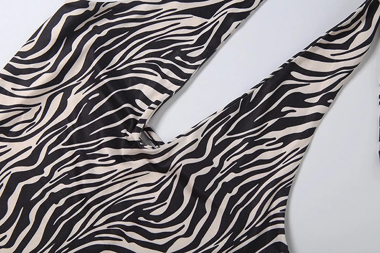 Zebra Striped Bandage Halter Backless Mini Bodycon Dress for Women