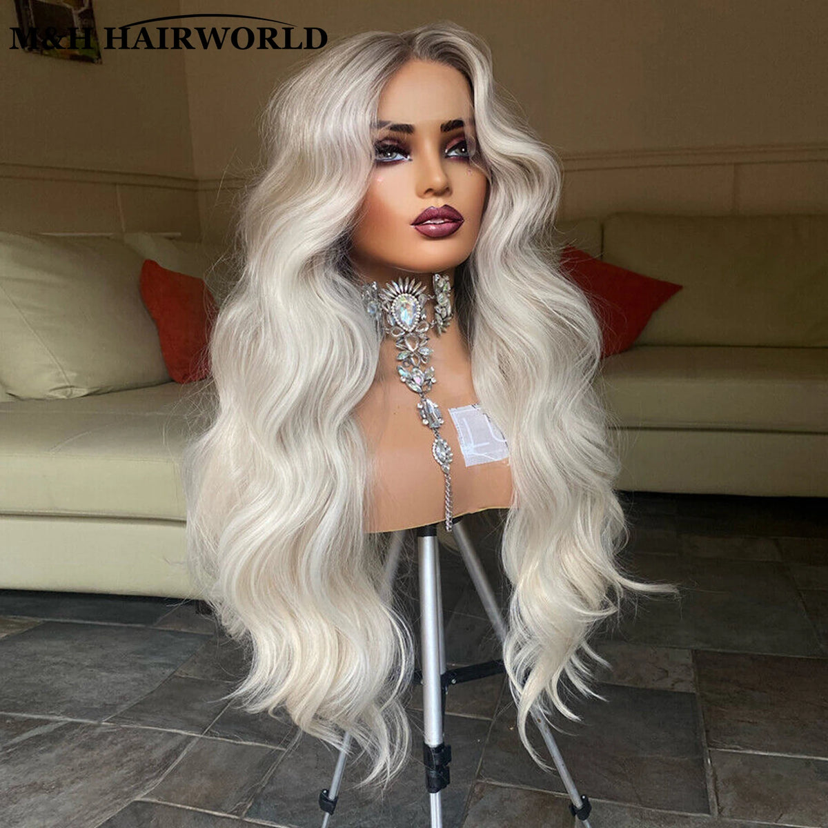13X3 Glueless Frontal Lace Wigs For Women Long Wavy Synthetic Hair Lace Front Wigs Ombre Platinum Blonde Heat Resistant Hair Wig
