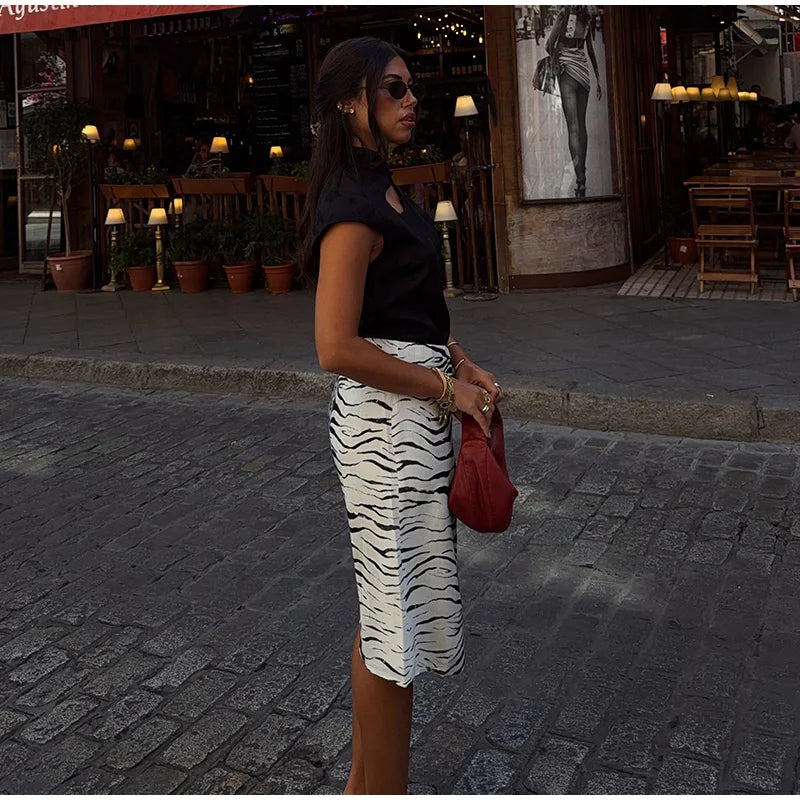 High Waist Leopard Print Zipper Midi Skirt for Women