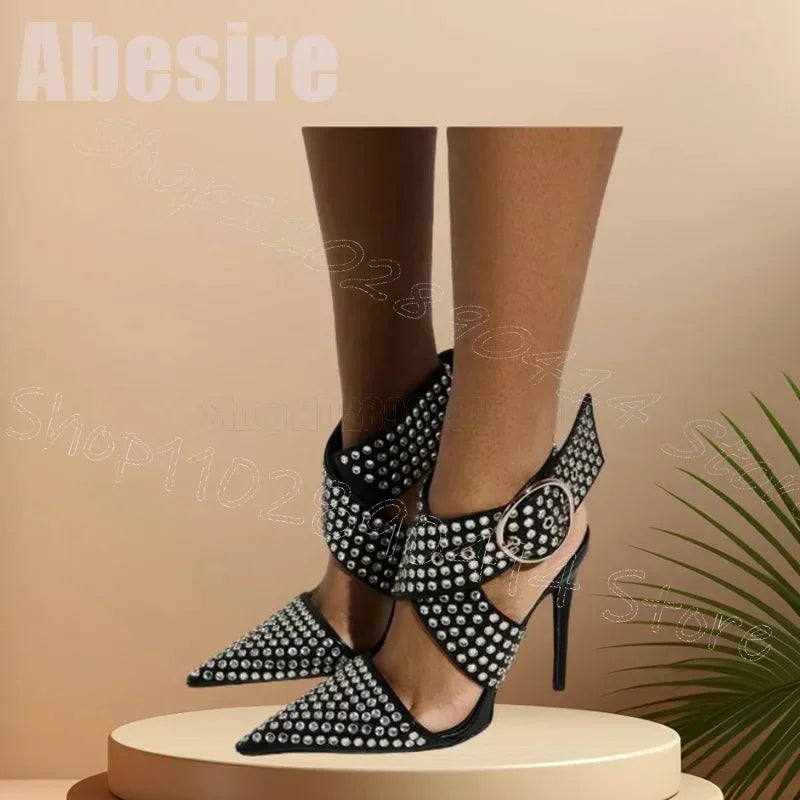 Elegant Black Crystal Pointed Toe Sandals for Women
