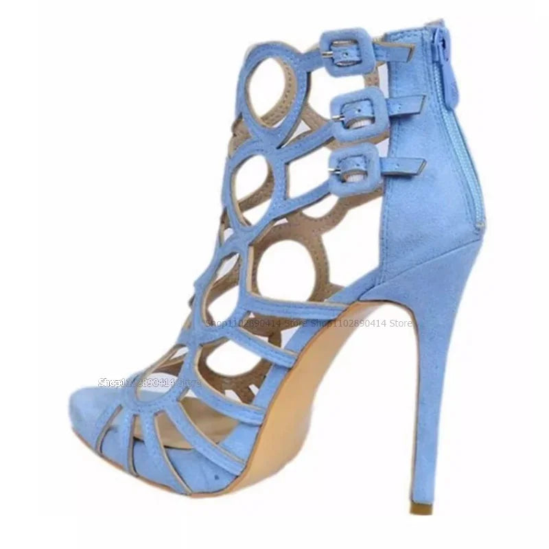 Blue Open Toe Hollow Back Zipper Stiletto Sandals for Women