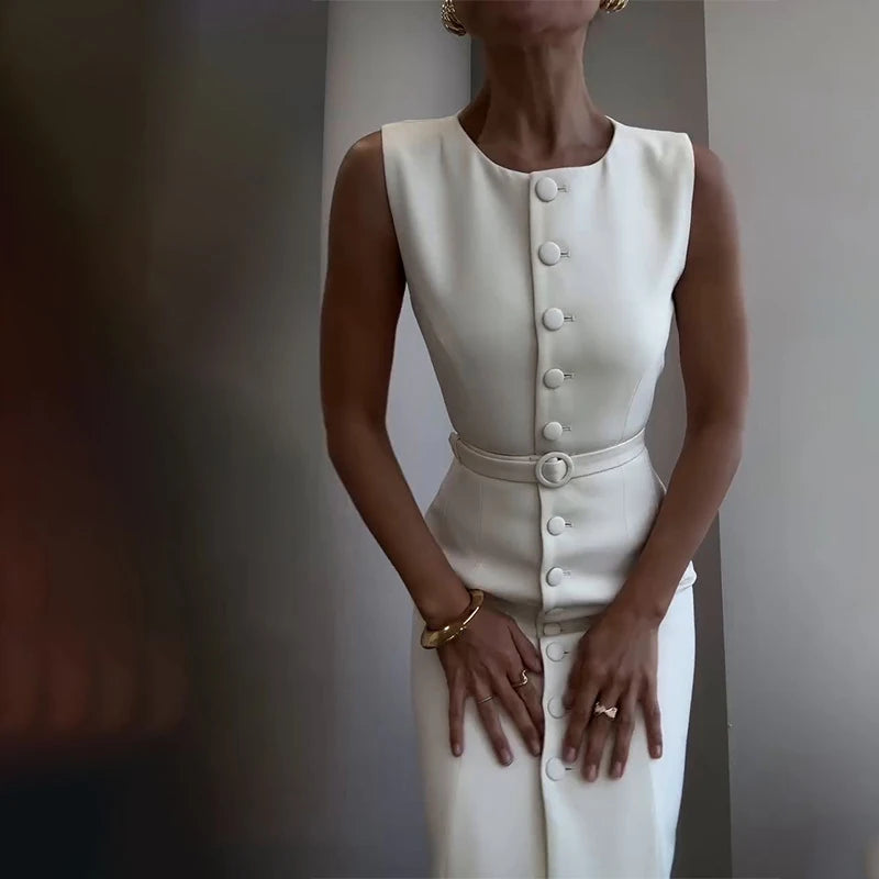 Elegant Temperament Slim Women's A-line Dress Summer Casual O Neck Button Office Dress Simple Solid Color Sleeveless Long Dress