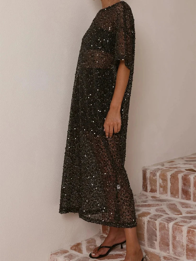 Casual Loose Hollowed Out Sequin Maxi Dress for Women
