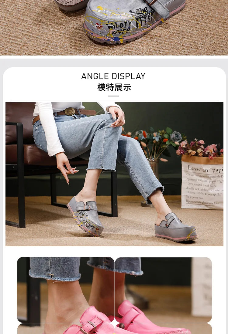Hand Drawn Leather Platform Slippers with Round Toe for Women