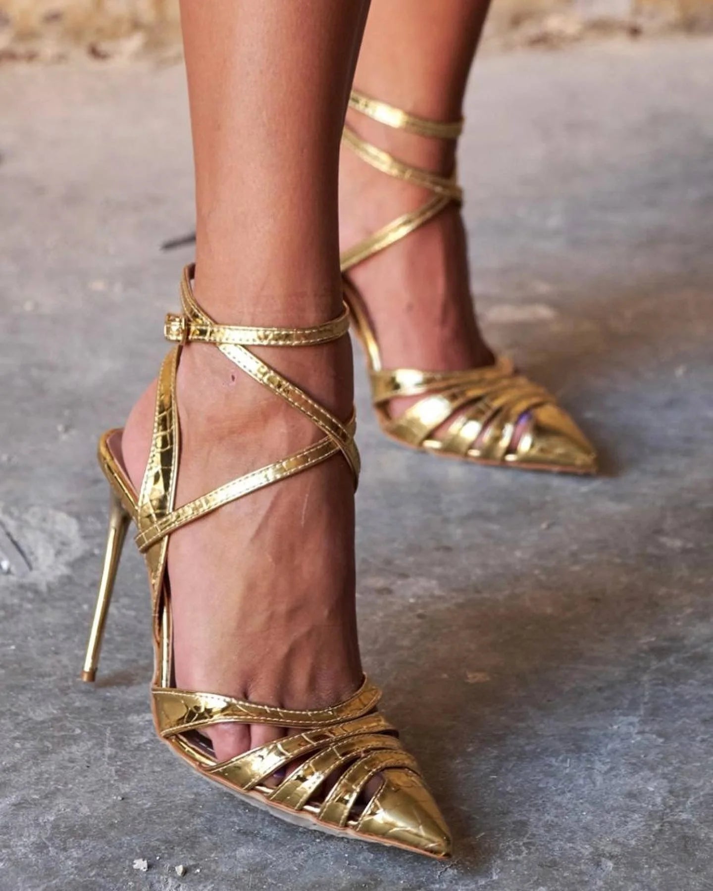 Gold Pointed Strappy Cutout Heeled Sandals for Women