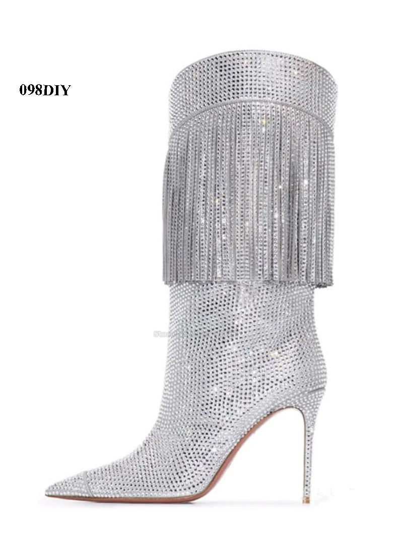 Knee High Fringe Rhinestone Heeled Cowboy Boots for Women