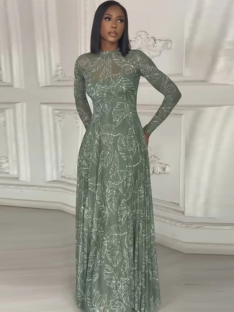 Beach Print Pleated Long Sleeve Maxi Dress for Women
