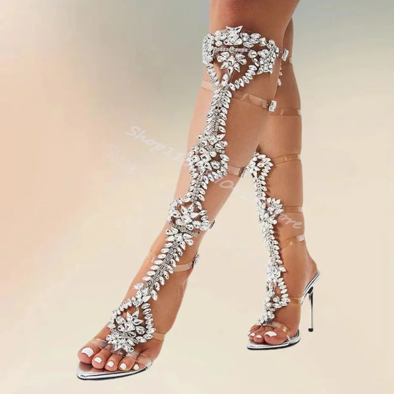 Crystal Flower Hollow Design Strappy Sandals for Women