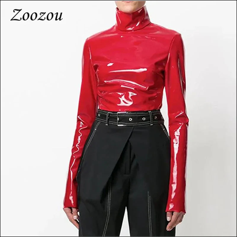 Faux Patent Leather Turtleneck Top
