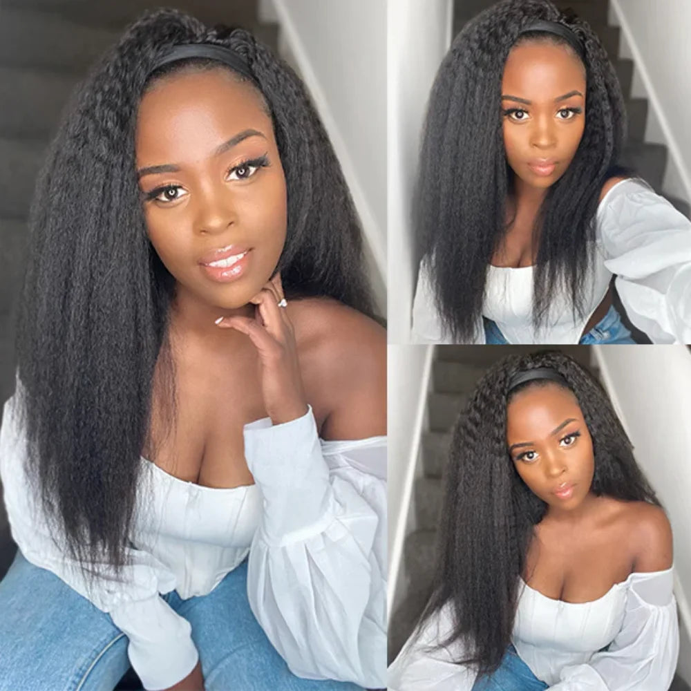 Kinky Straight Headband Wig Human Hair Yaki Headband Wig Full Machine Made Wigs  Yaki Natural Color Brazilian Remy Hair Wig 180%