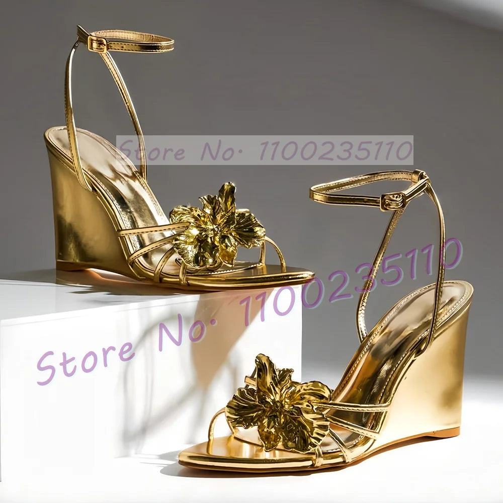 Chic Gold Mirror Wedge Sandals With Ankle Strap For Women