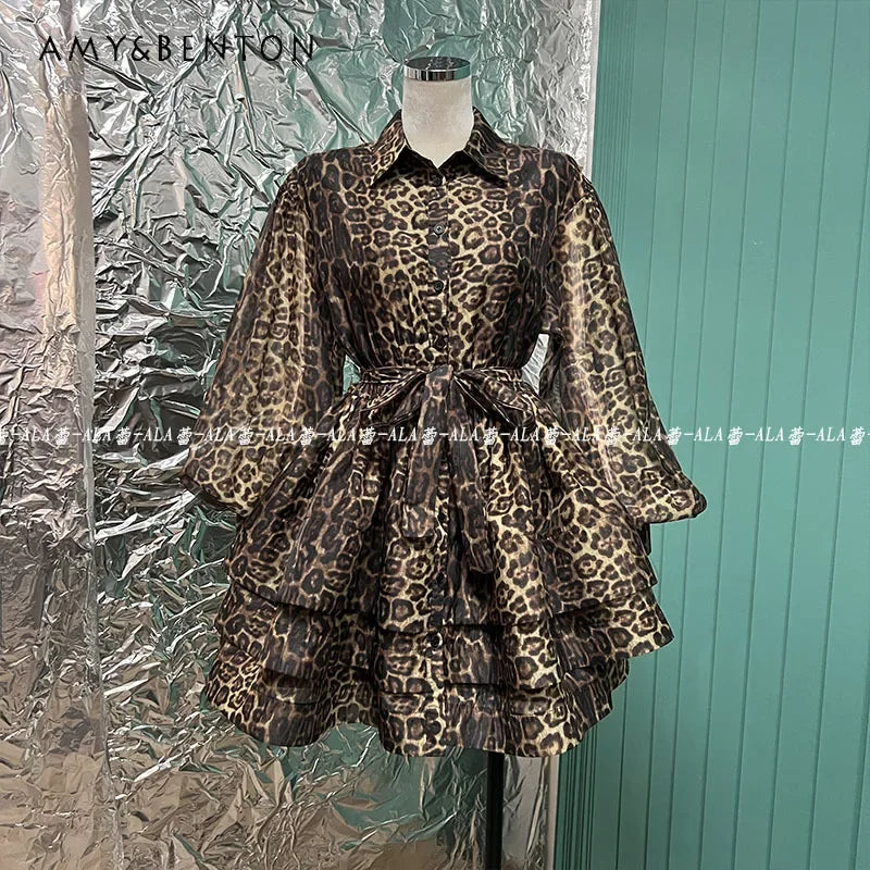 Spring Popular Retro Classic Leopard Pattern Single-Breasted Lantern Sleeve Shirt Layered Dress Puffy Cinched Short Dress Female