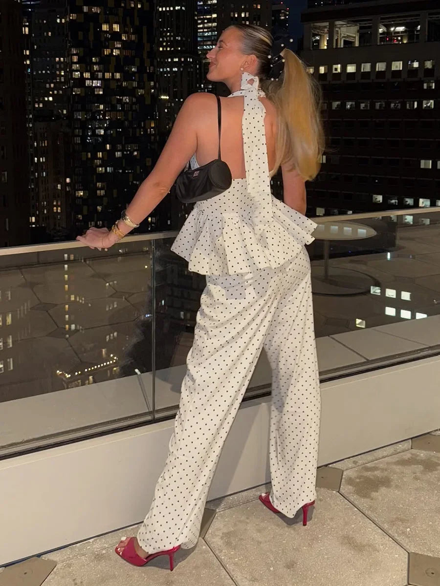Loose Cotton Polka Dot Halter Top And Wide Leg Pants Set For Women