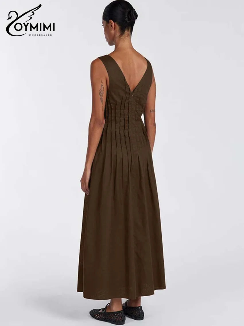 Oymimi Casual White Cotton Womens Dresses Fashion O-Neck Sleeveless Solid Dresses Elegant Open Back Ankle-Length Dress Female