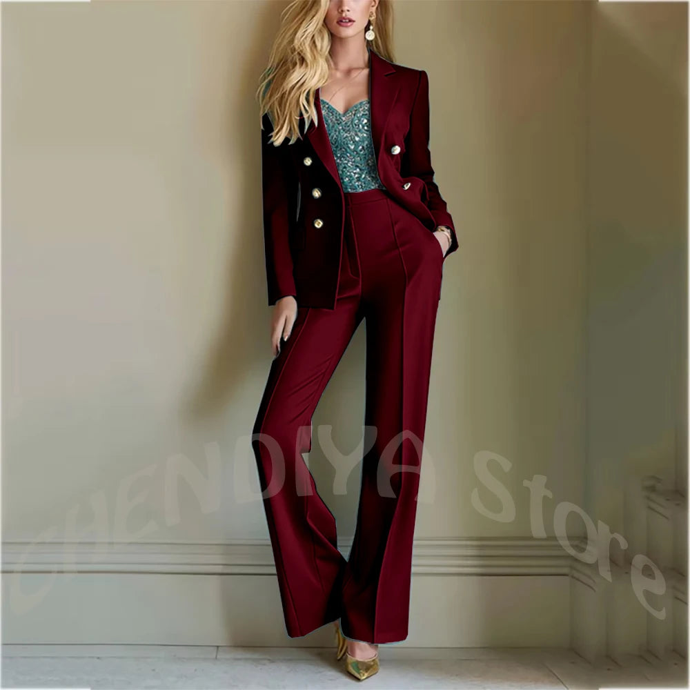 Solid Color Suit For Women High Quality Double Breasted Two Piece Notch Lapel Slim Fit Elegant Fashion Female Outfit Jacket Pant