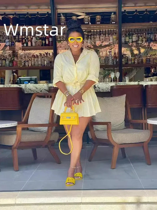 Wmstar Two Piece Set Women 2024 Autumn Fashion Women's Casual Comfortable Striped Shirt Short Skirt Set Wholesale Dropshipping
