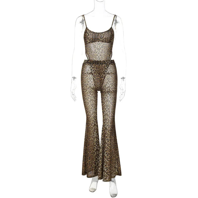 Leopard Mesh Bodysuit And Flare Pants Set for Women