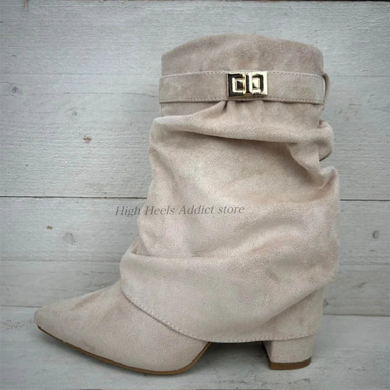 Suede Pointed Toe Metal Buckle Chunky Heel Mid Calf Boots For Women