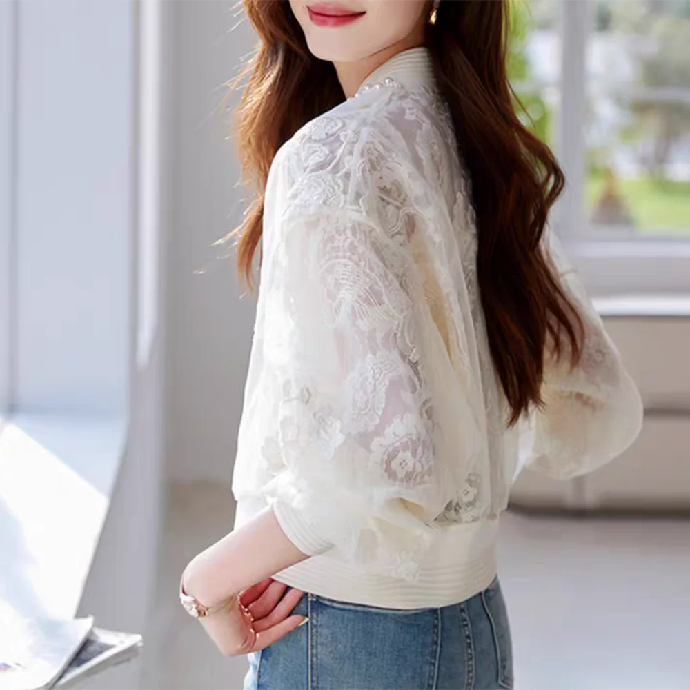 Bead Embroidered Round Neck Baseball Jacket For Women