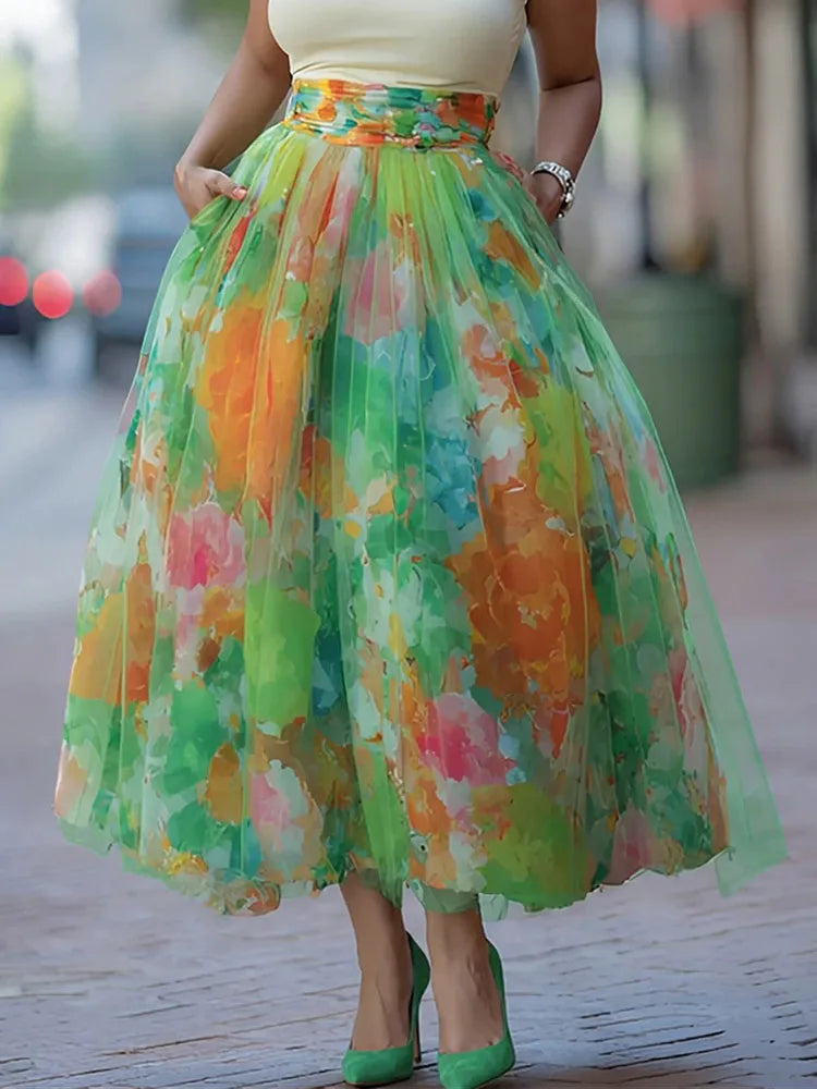 Elegant Patchwork Print Ankle Length Skirt for Women