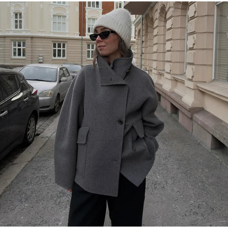 Solid Double Breasted Stand Collar Long Sleeve Overcoat for Women
