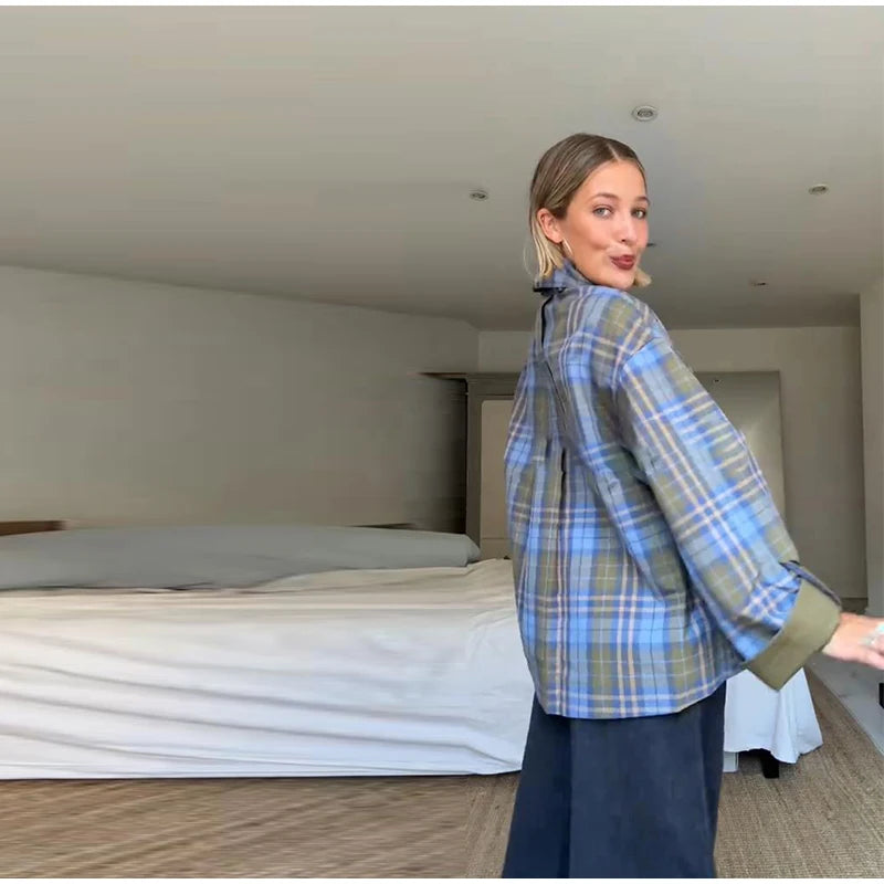 Plaid Reversible Jacket with Lapel Bow and Pockets for Women