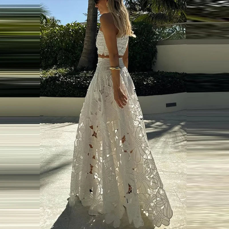 Fashion O-neck Sleeveless Top with Long Skirt Suit Sexy Exposed Navel Holiday Outfit 2025 Lace Hollow Loose Women's 2 Piece Set