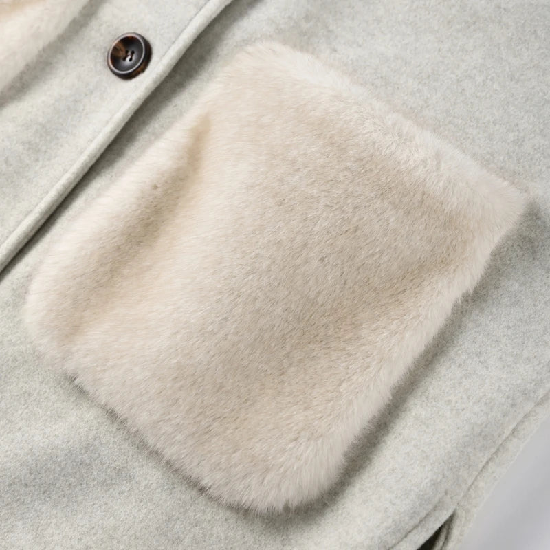 Loose Knit Fur Standup Collar Long Sleeve Pocket Cardigan for Women