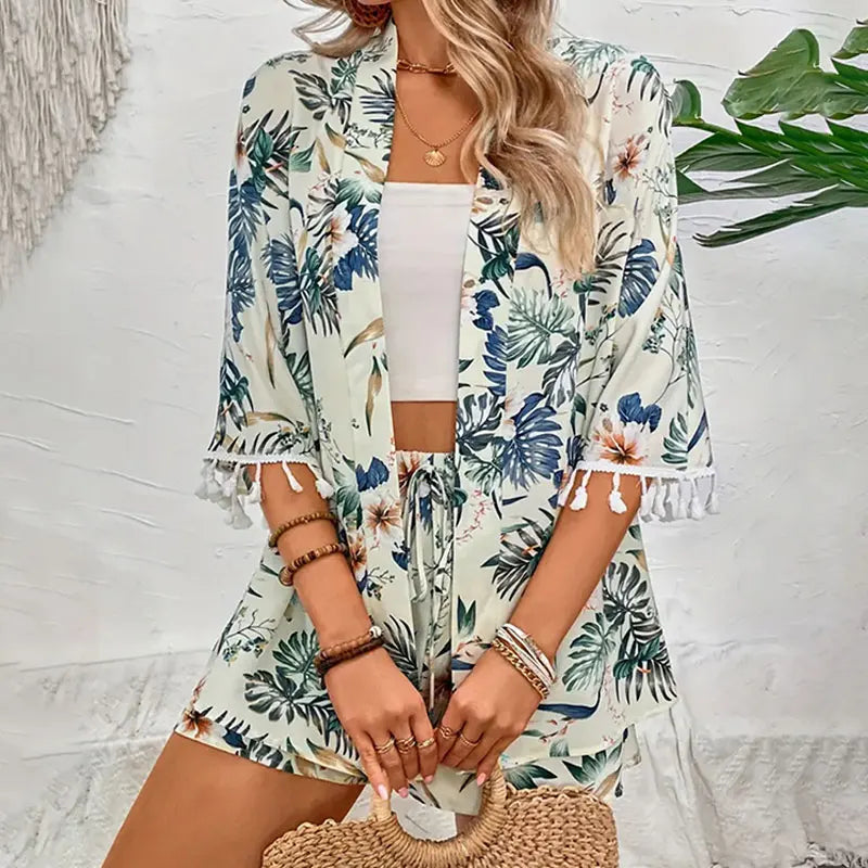 Two Piece Set For Women Outfits Open-front Cardigan Smock Flower Printed Beach Shorts Summer Suits Female Clothing Beachwear