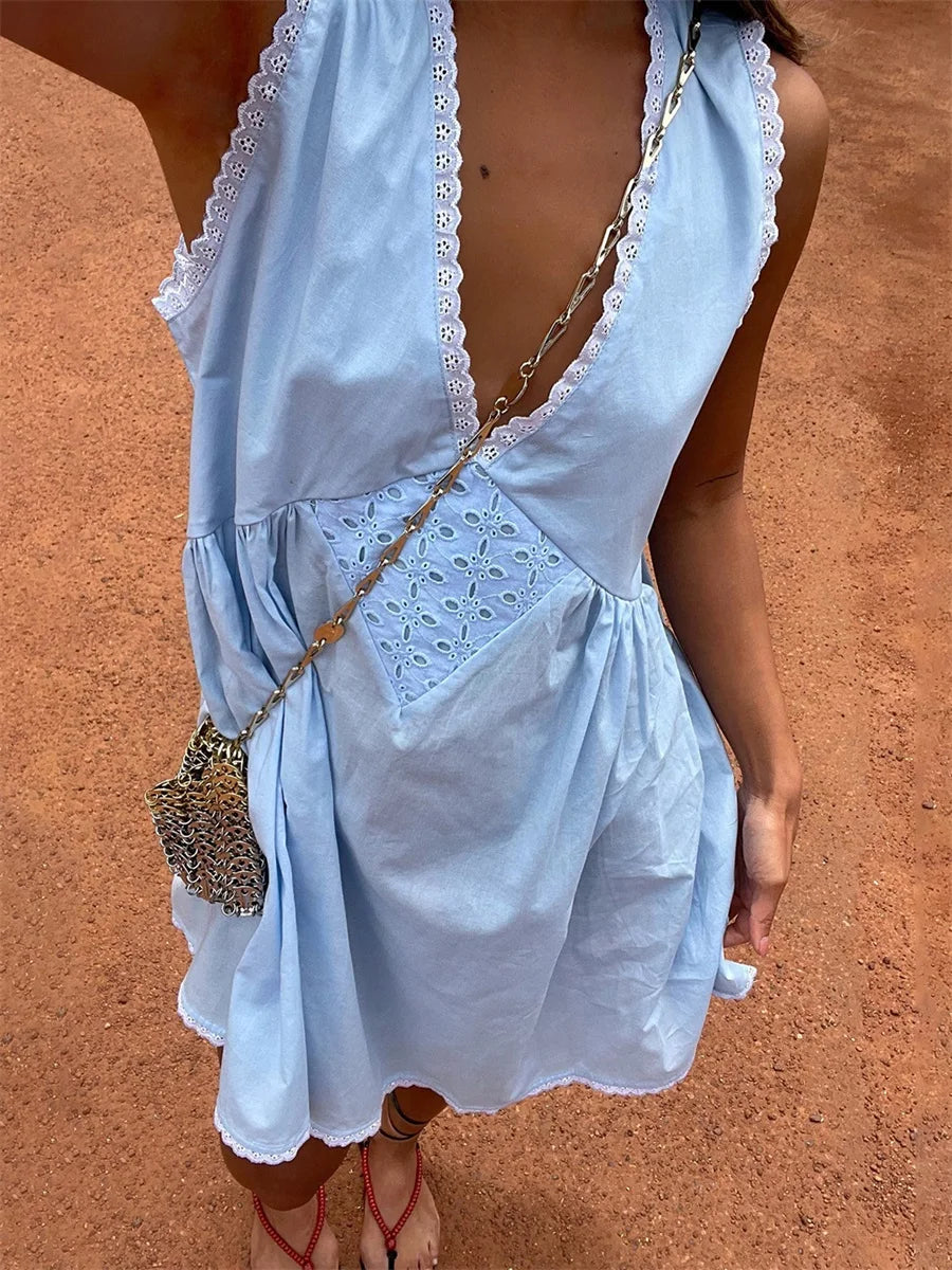 Women Summer Mini Tank Dress Sleeveless Deep V Neck Trendy Floral Eyelet Beach Dress