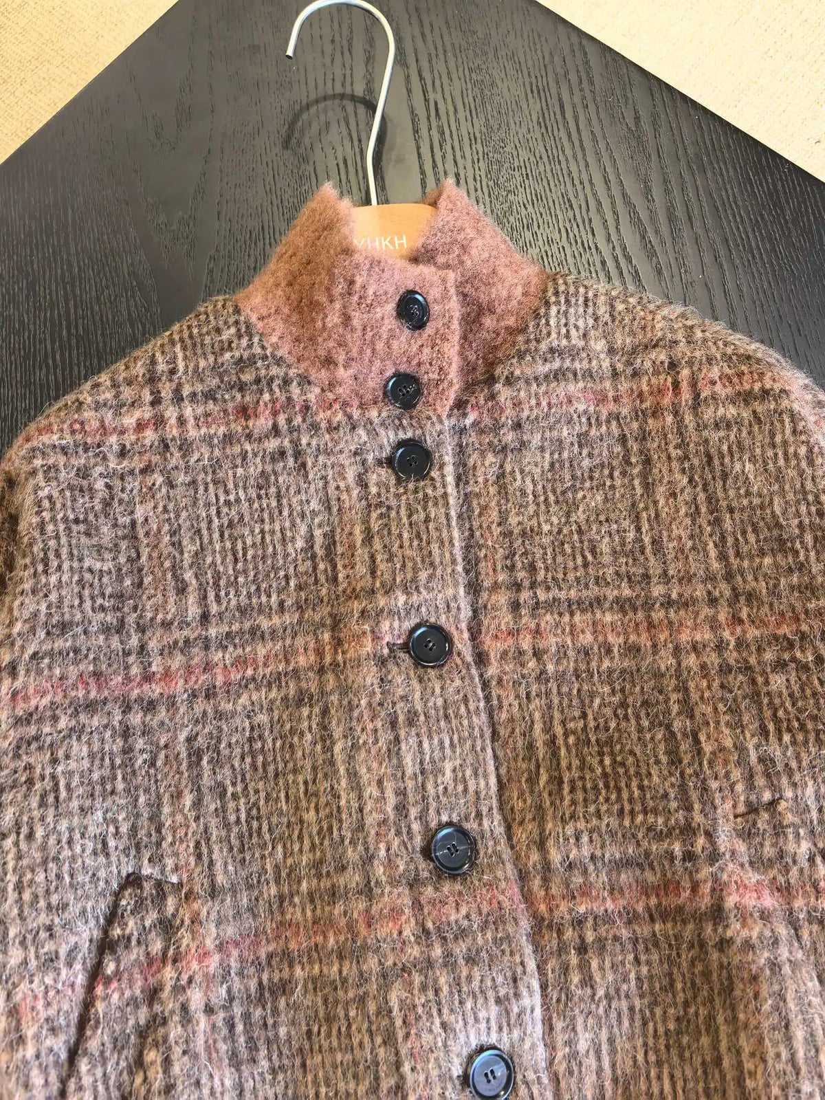 Vintage Plaid Wool Blend Stand Collar Jacket for Women