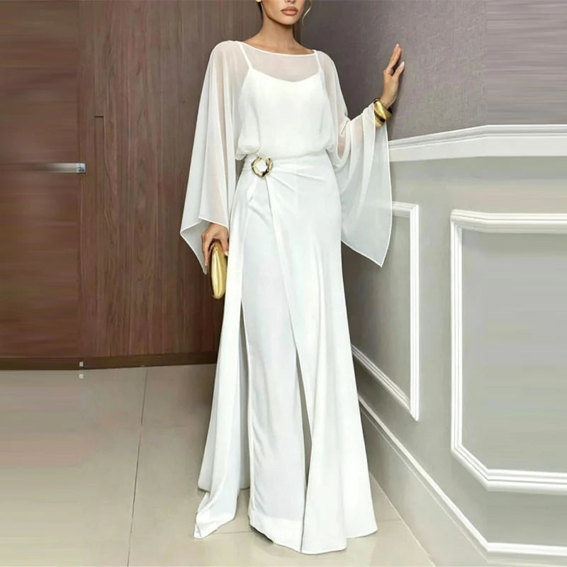 Elegant O-neck Cover Up Playsuit Match Off Shoulder Romper Women Fashion Chiffon Overalls Long Sleeve Solid Wide Legger Jumpsuit