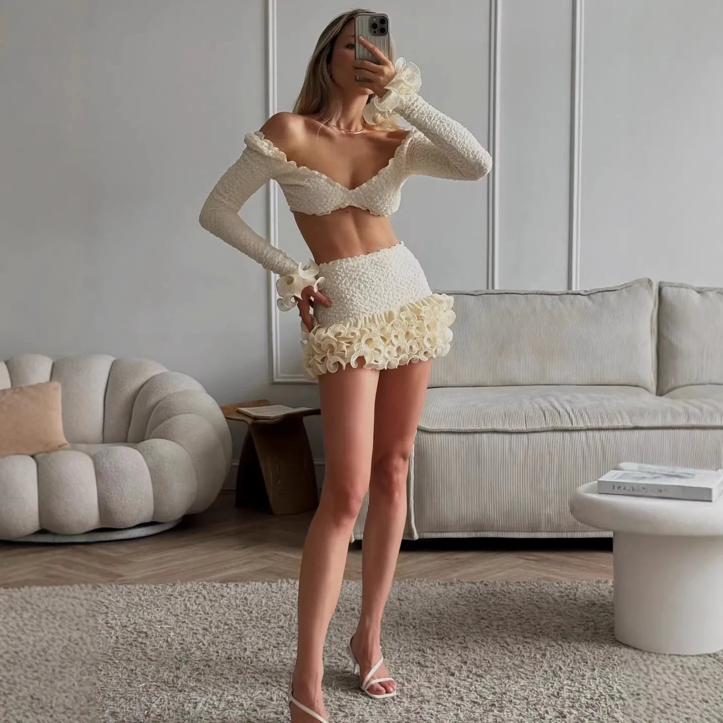 Cream Textured Vacation Off-Shoulder Two-Piece Set for Women
