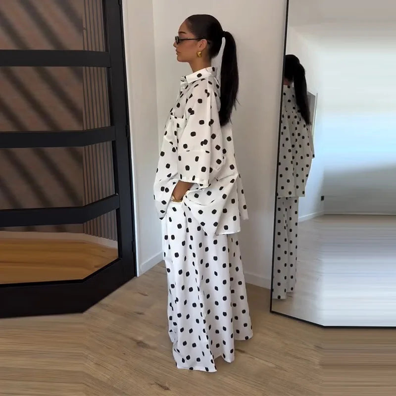 Elegant Polka Dot Shirt And Wide Leg Pants Set for Women