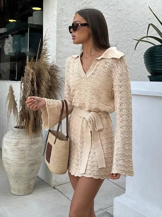 Sexy Shirt V-neck Bell Sleeve Hollow Out Knitted Belted Beach Mini Dress 2025 Summer Swimsuit Cover Up Women's Casual Outfit K16