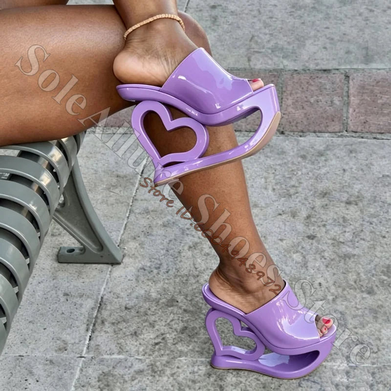Patent Leather Heart Hollow Sculptural Wedge Mules for Women