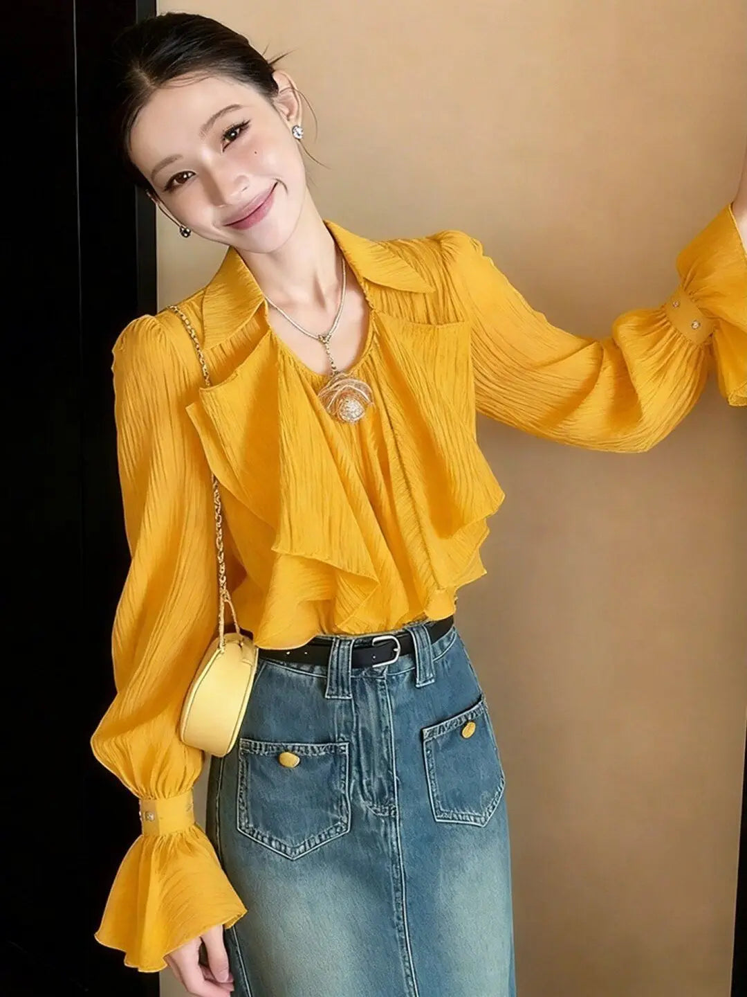 French Niche Ruffle Detail Loose Fit Shirt in Yellow for Women