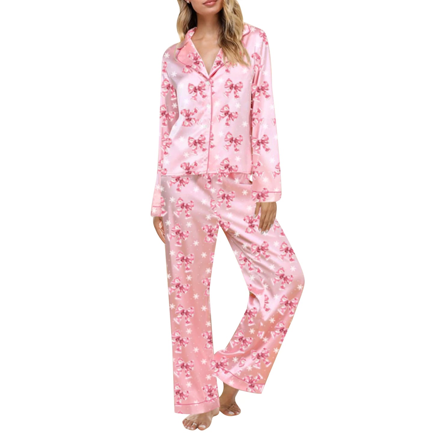 Women'S Autumn  Winter Clothing Christmas Elements Cute Bow Print Long Sleeved Shirt  Elastic Pants 2PCS Street Wear Home Wear
