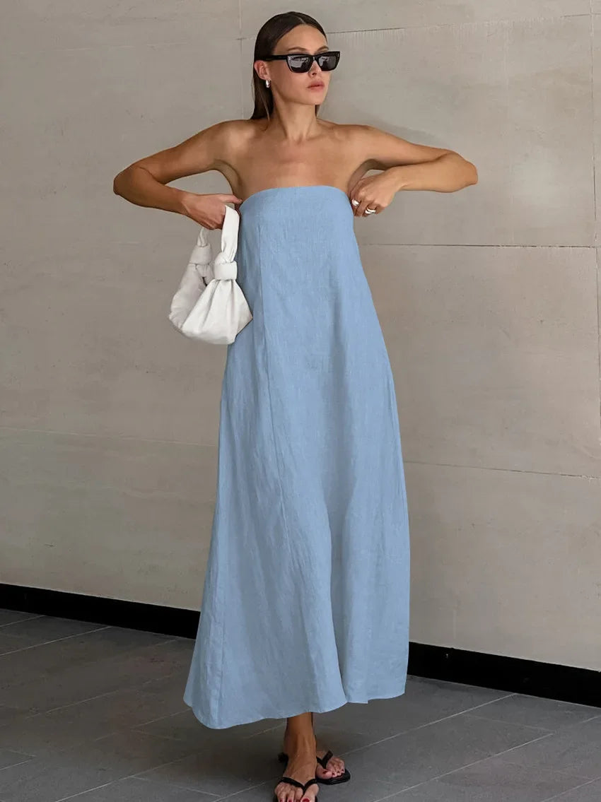 Solid Color Strapless Sleeveless Pocket Dress for Women