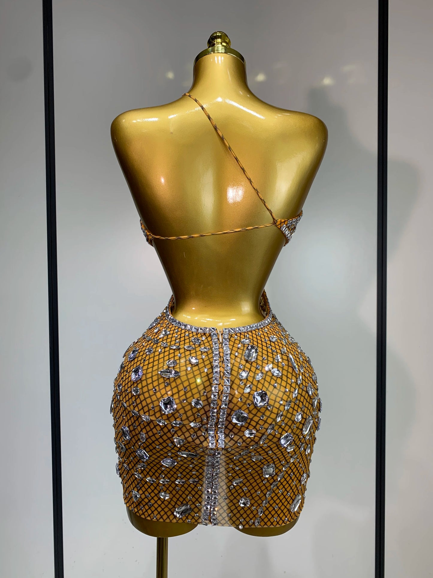 Sexy Sparkly Diamond Backless Short Dress 2025 Women Sleeveless Mesh See Through Evening Birthday Gown Singer Stage Outfit