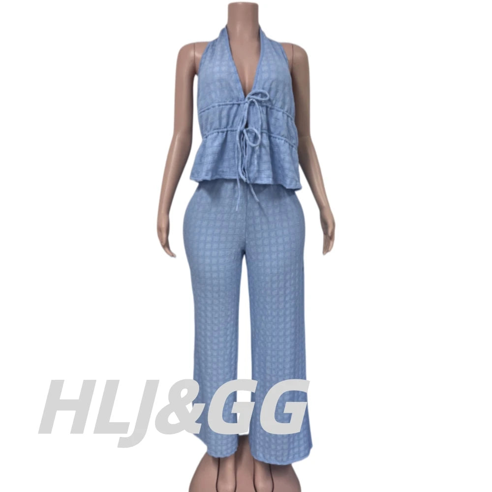 Casual Jacquard Halter Top and Wide Leg Pants Set for Women