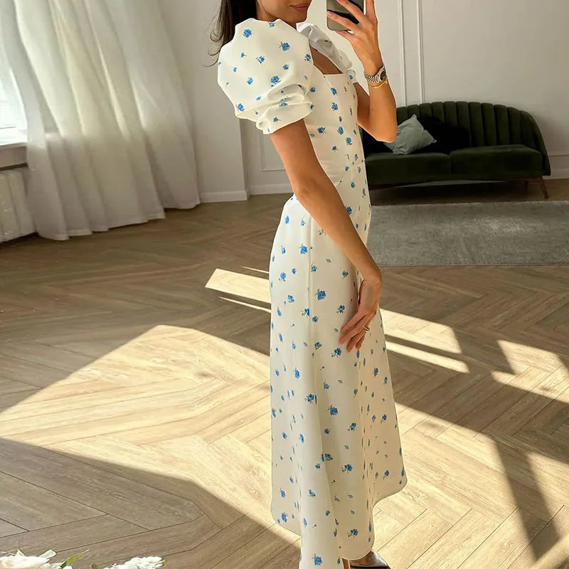 Elegant Fresh Slim Holiday Party Dress Casual Square Neck Puff Sleeve Long Dress Women Fashion Floral Print Waist Mermaid Dress