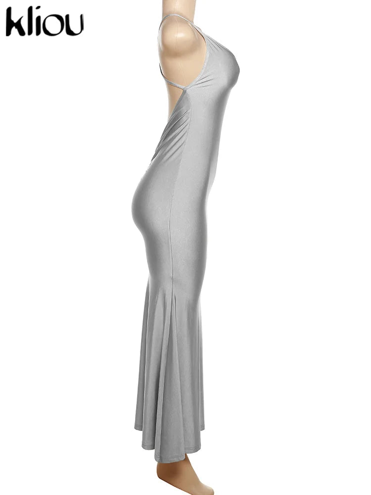 Shiny Spaghetti Strap Backless Ruched Maxi Dress for Women