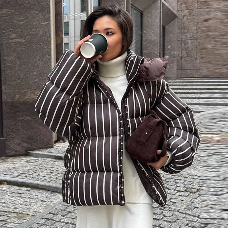 Striped Cotton Quilted Coat Single Breasted for Women